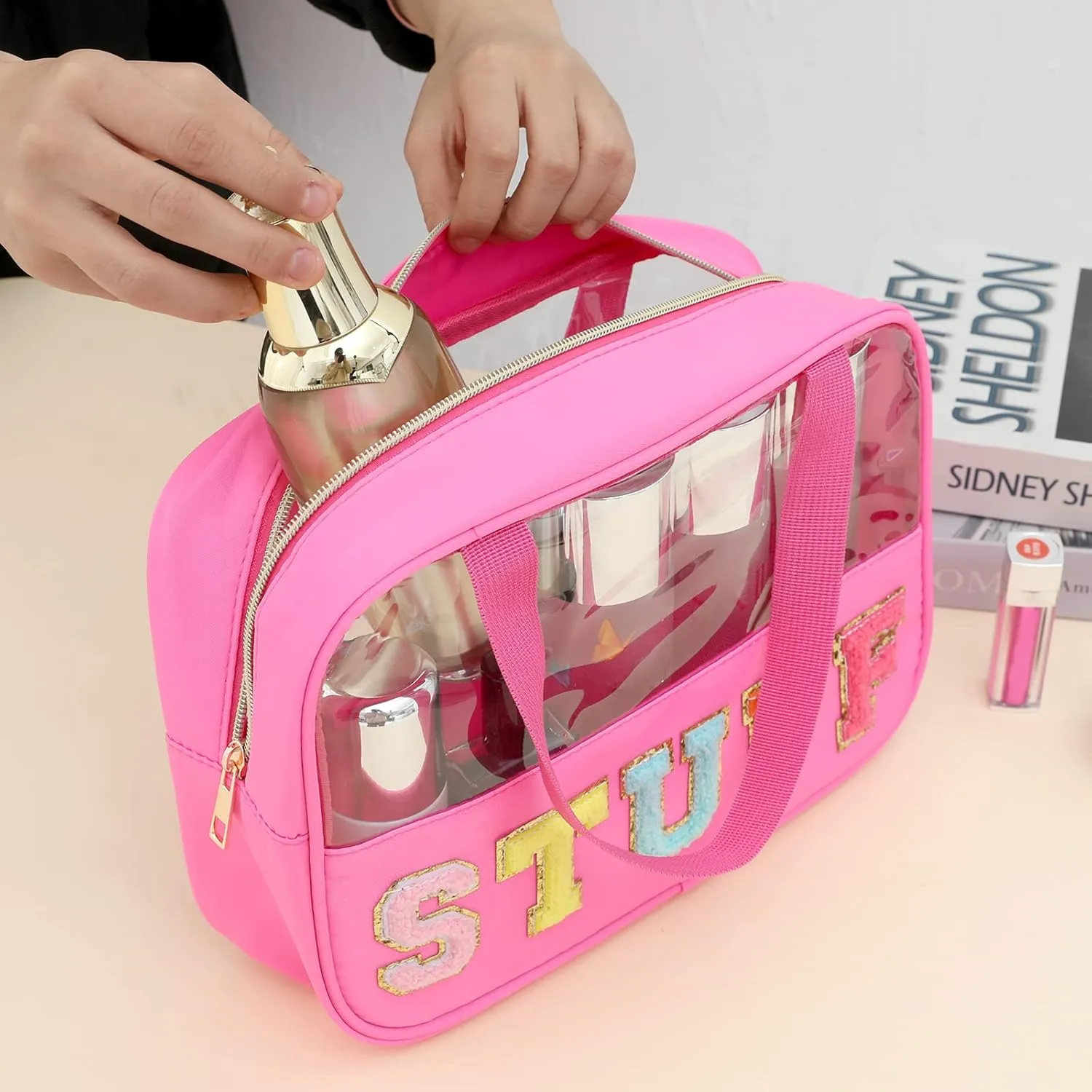 Chenille Letter Patch Clear Bag,Preppy Multi-purpose PVC&Nylon Clear Makeup Bag with Handles,Large Travel Makeup Toiletry Storage Zipper Pouch, Tote Bag for Women (Rose Red-STUFF)