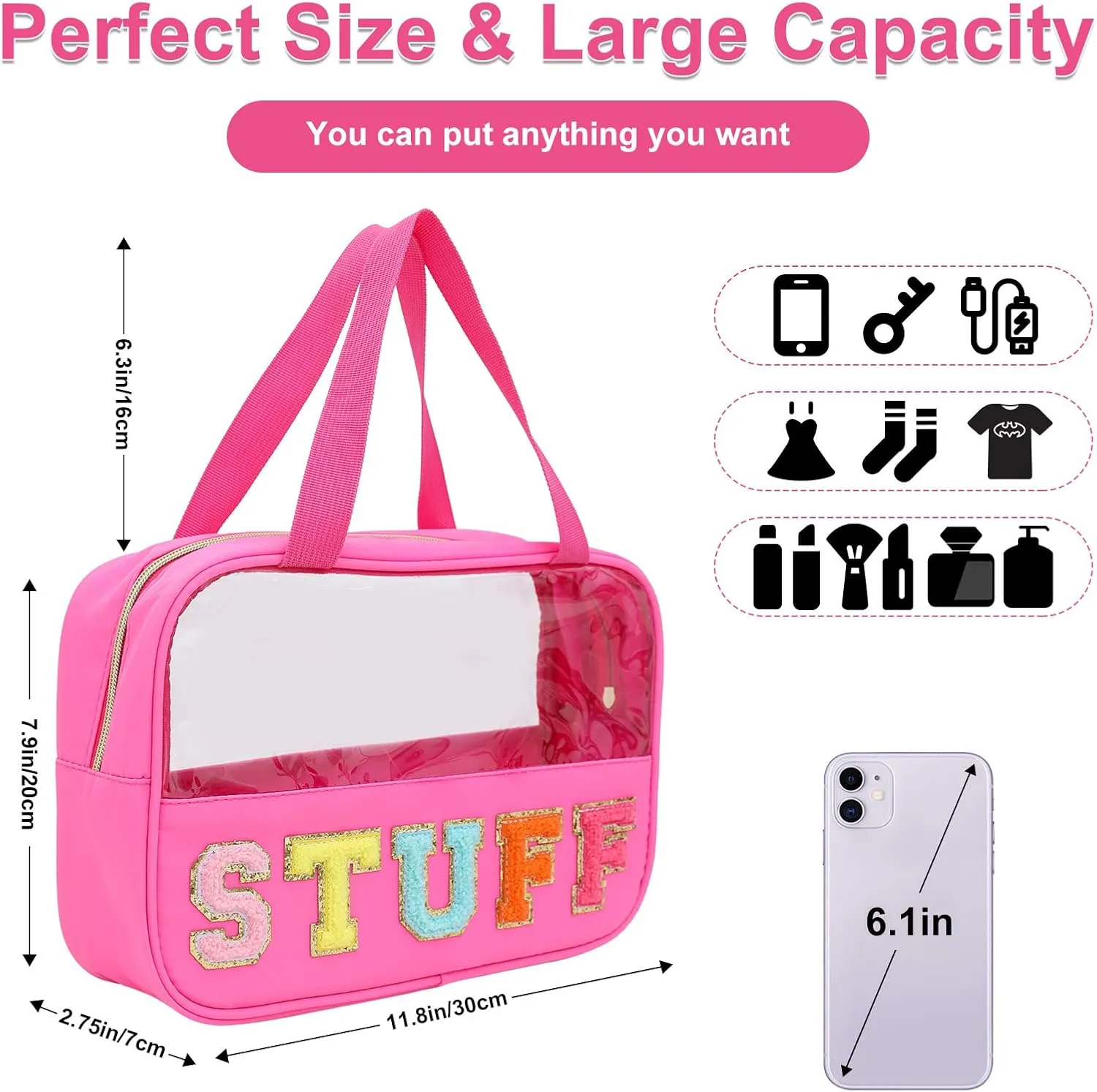 Chenille Letter Patch Clear Bag,Preppy Multi-purpose PVC&Nylon Clear Makeup Bag with Handles,Large Travel Makeup Toiletry Storage Zipper Pouch, Tote Bag for Women (Rose Red-STUFF)