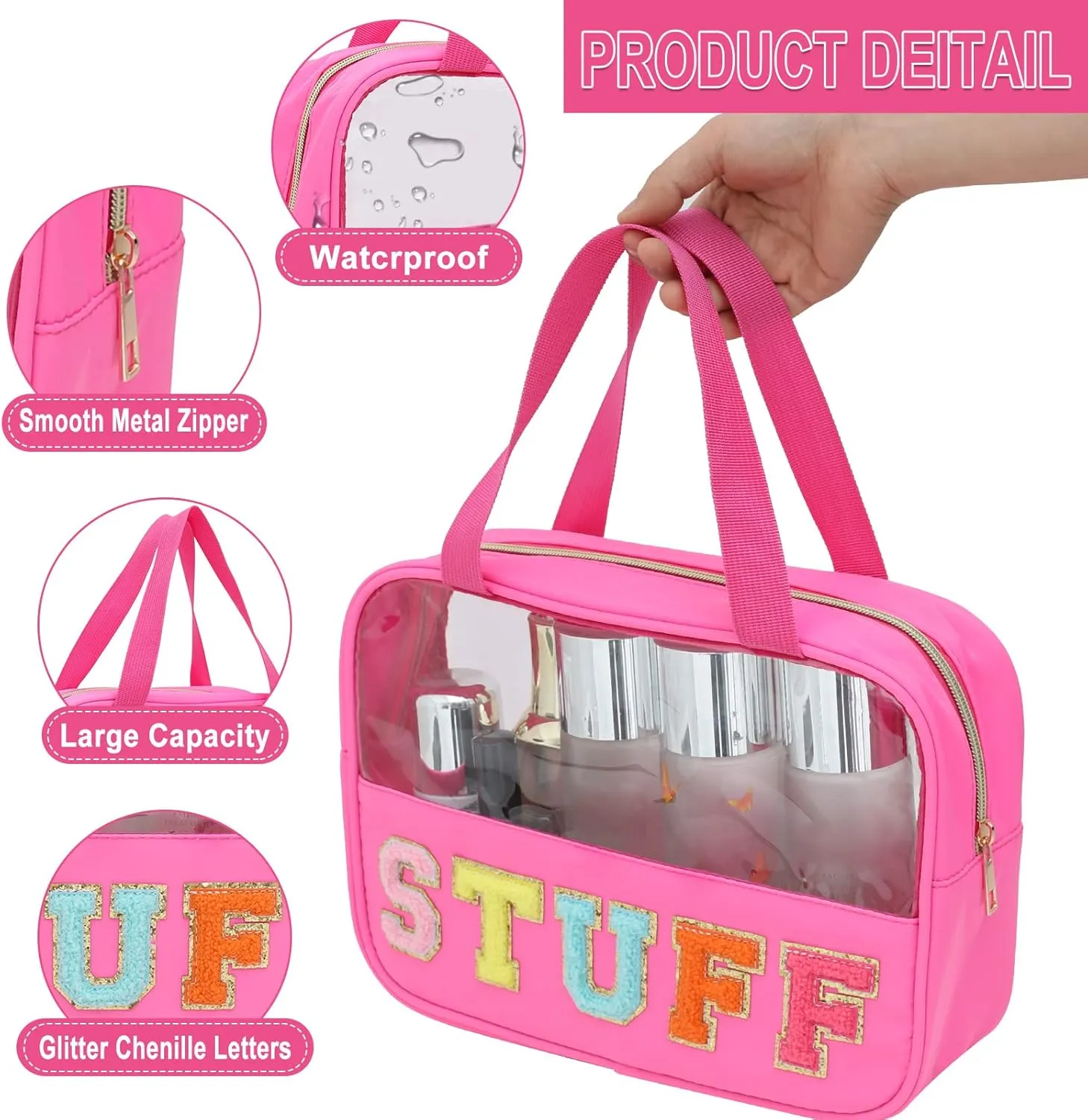 Chenille Letter Patch Clear Bag,Preppy Multi-purpose PVC&Nylon Clear Makeup Bag with Handles,Large Travel Makeup Toiletry Storage Zipper Pouch, Tote Bag for Women (Rose Red-STUFF)