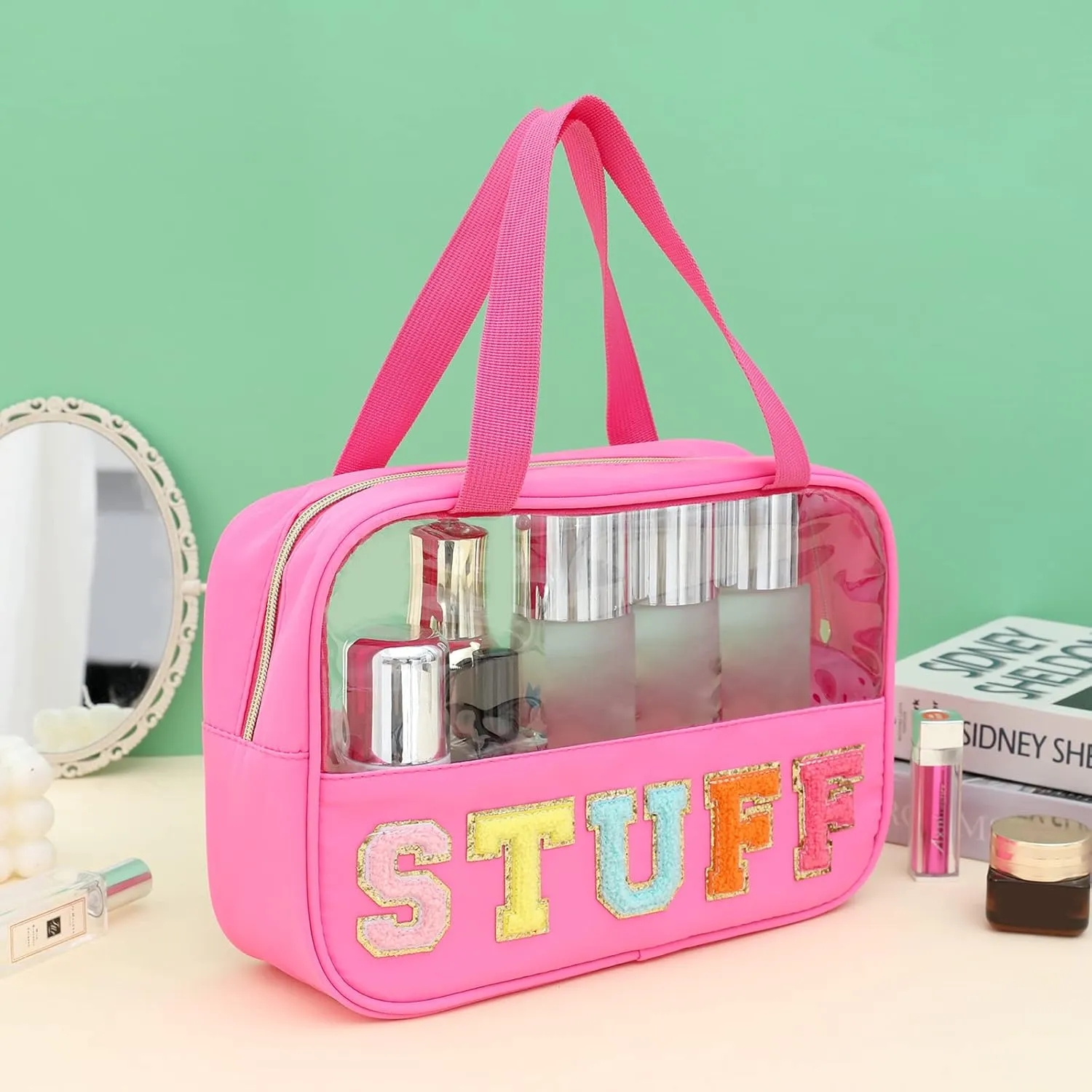 Chenille Letter Patch Clear Bag,Preppy Multi-purpose PVC&Nylon Clear Makeup Bag with Handles,Large Travel Makeup Toiletry Storage Zipper Pouch, Tote Bag for Women (Rose Red-STUFF)