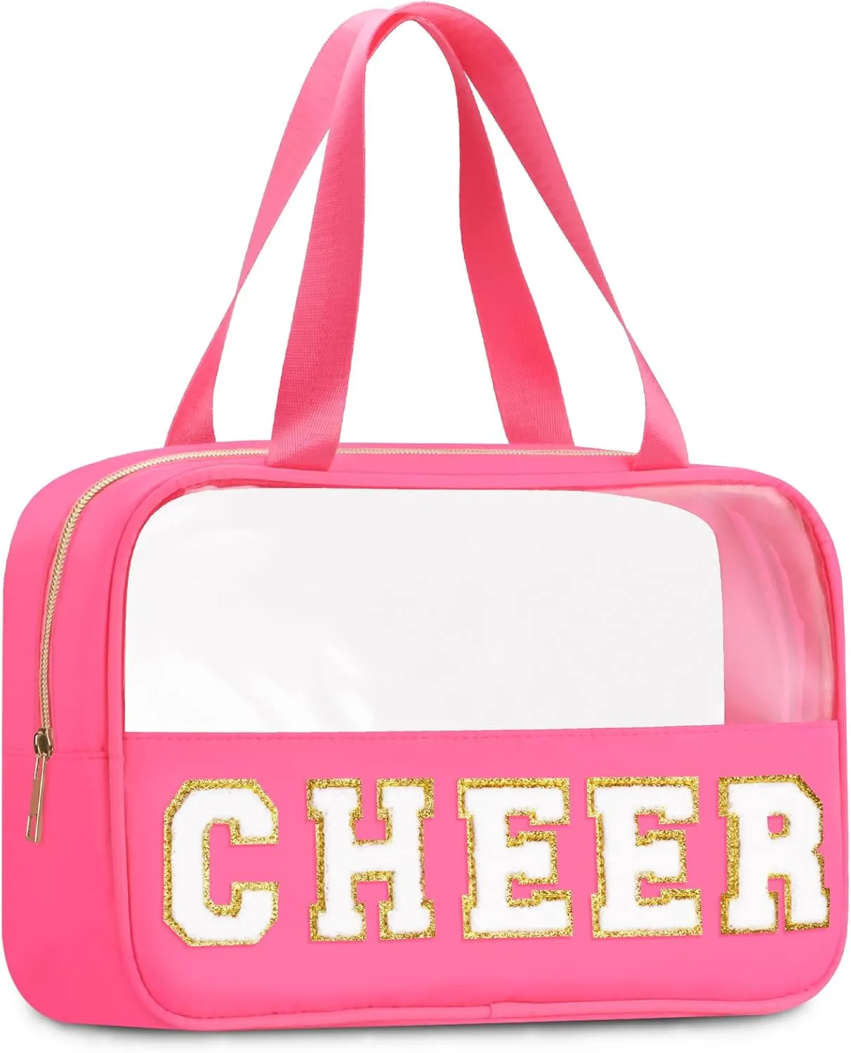 Chenille Letter Patch Clear Travel Bags, Preppy PVC&Nylon Makeup Bag with Handle and Zipper, Waterproof Large Clear Travel Toiletry Bag Storage Bag for Women Girls