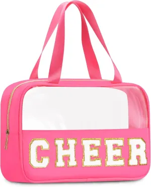 Chenille Letter Patch Clear Travel Bags, Preppy PVC&Nylon Makeup Bag with Handle and Zipper, Waterproof Large Clear Travel Toiletry Bag Storage Bag for Women Girls