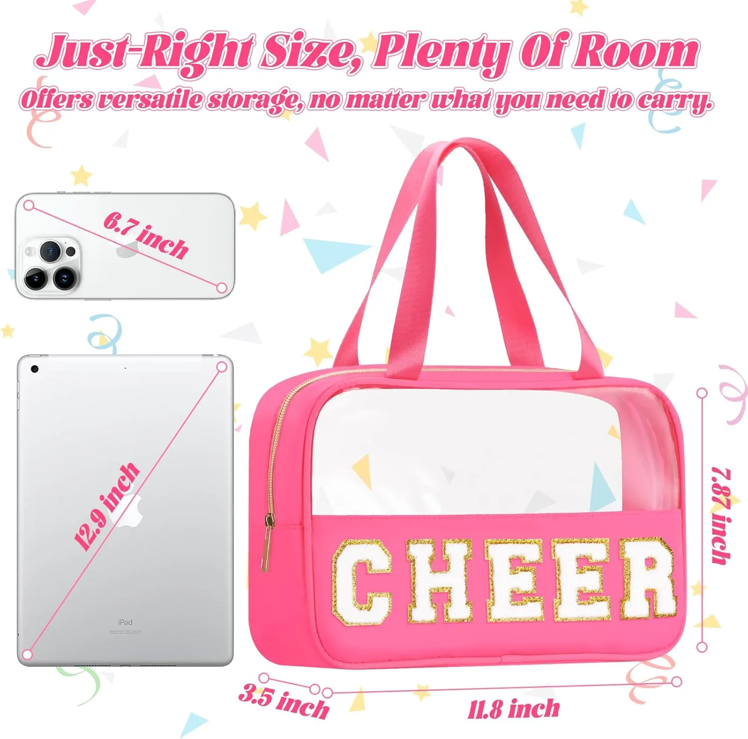 Chenille Letter Patch Clear Travel Bags, Preppy PVC&Nylon Makeup Bag with Handle and Zipper, Waterproof Large Clear Travel Toiletry Bag Storage Bag for Women Girls