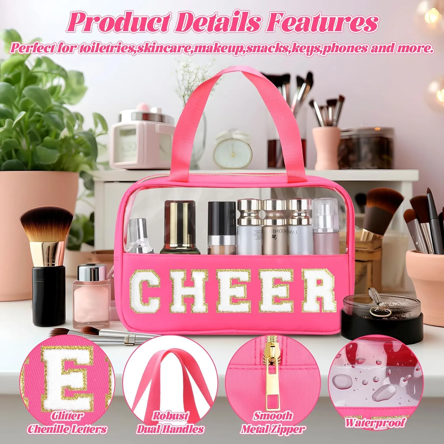 Chenille Letter Patch Clear Travel Bags, Preppy PVC&Nylon Makeup Bag with Handle and Zipper, Waterproof Large Clear Travel Toiletry Bag Storage Bag for Women Girls