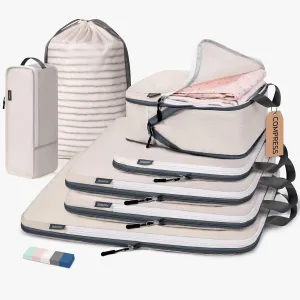 CherryNow Compression Packing Cubes, 7 Set Packing Cubes for Travel Women, Travel Essentials for Backpack, Beige