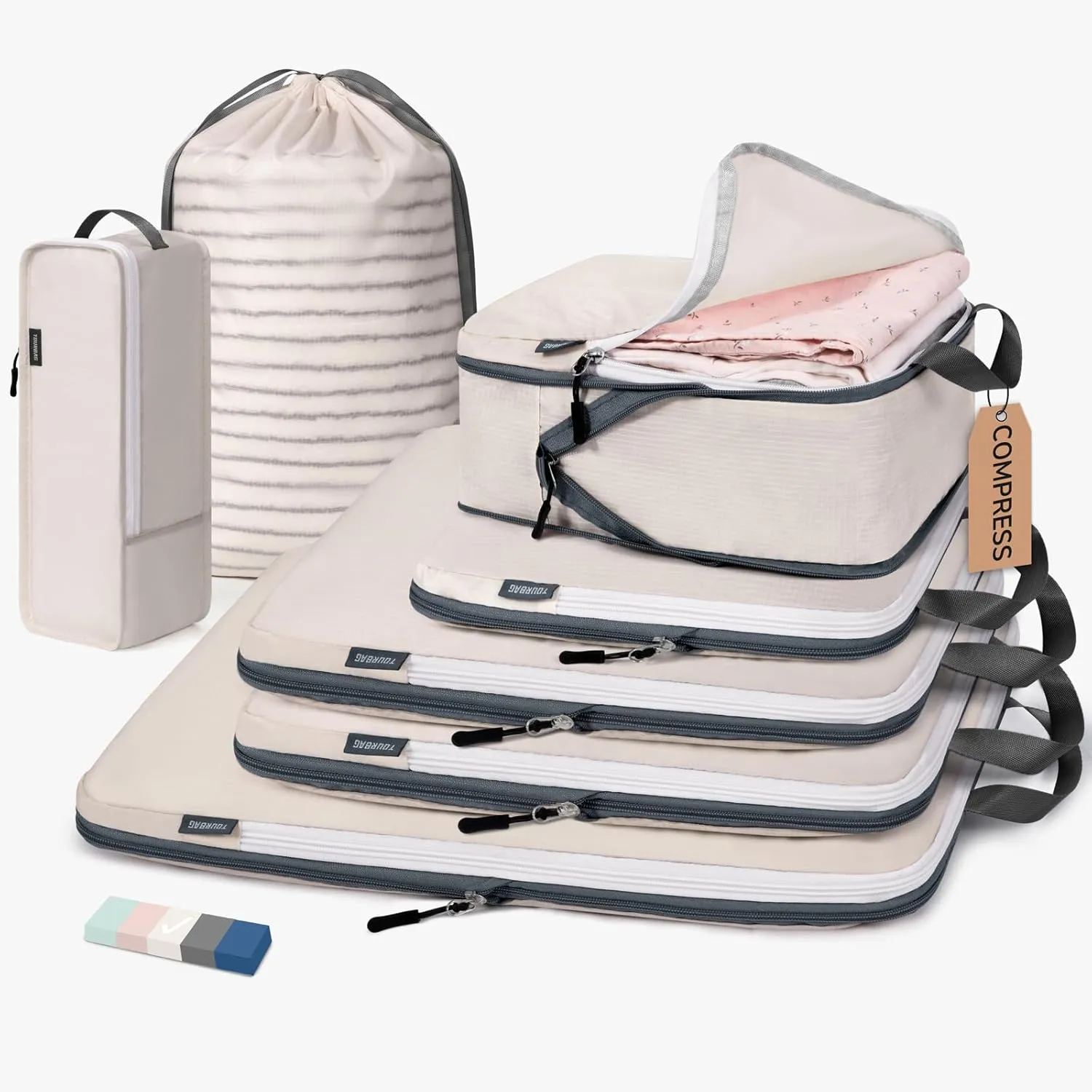 CherryNow Compression Packing Cubes, 7 Set Packing Cubes for Travel Women, Travel Essentials for Backpack, Beige
