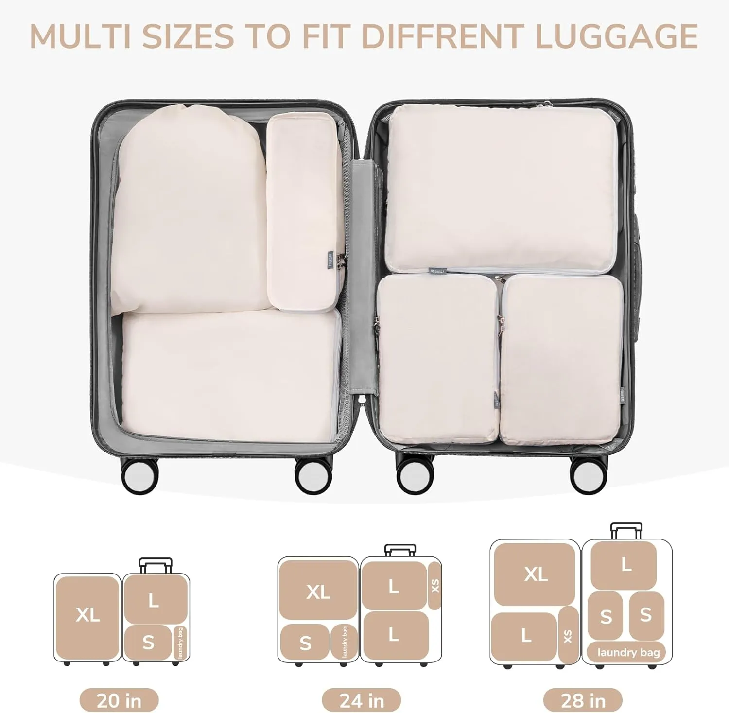 CherryNow Compression Packing Cubes, 7 Set Packing Cubes for Travel Women, Travel Essentials for Backpack, Beige