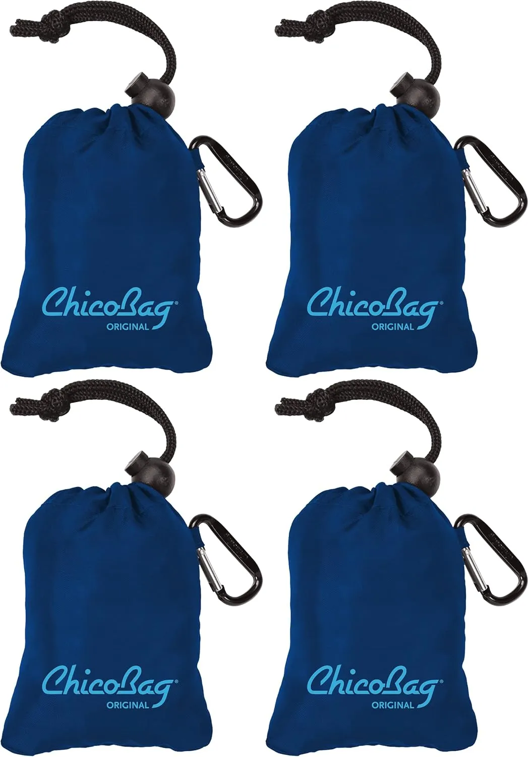 ChicoBag Original Compact Reusable Grocery Bag with Attached Pouch and Carabiner Clip- 4 Pack Blue