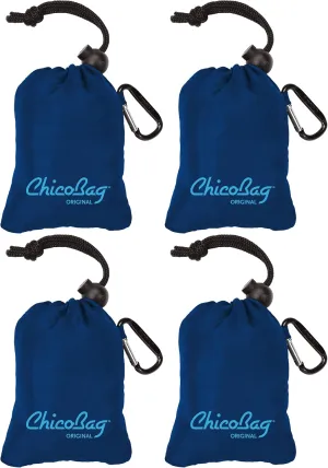 ChicoBag Original Compact Reusable Grocery Bag with Attached Pouch and Carabiner Clip- 4 Pack Blue