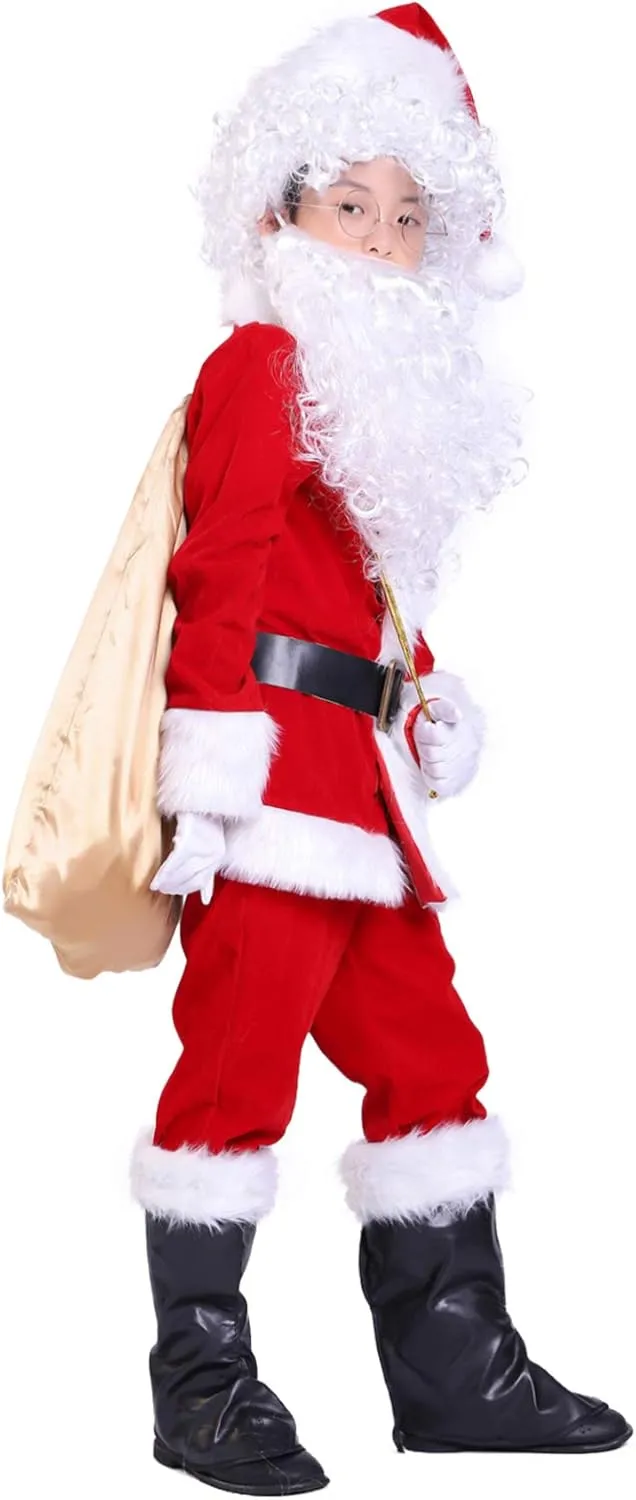 Children's Deluxe Santa Suit Christmas Costume，Kids Christmas Halloween Costume Cosplay Set of 10 Pcs