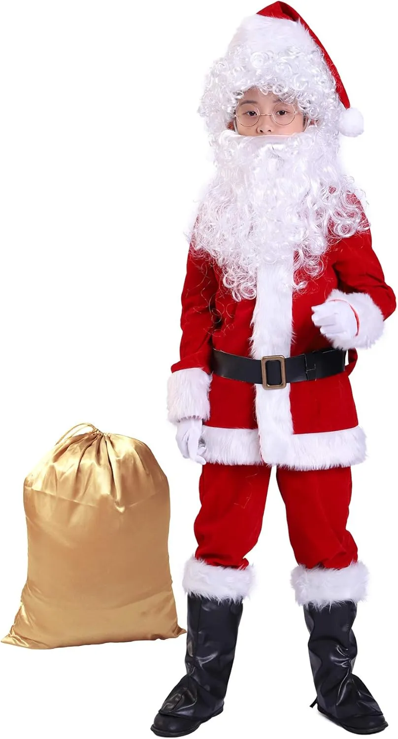 Children's Deluxe Santa Suit Christmas Costume，Kids Christmas Halloween Costume Cosplay Set of 10 Pcs