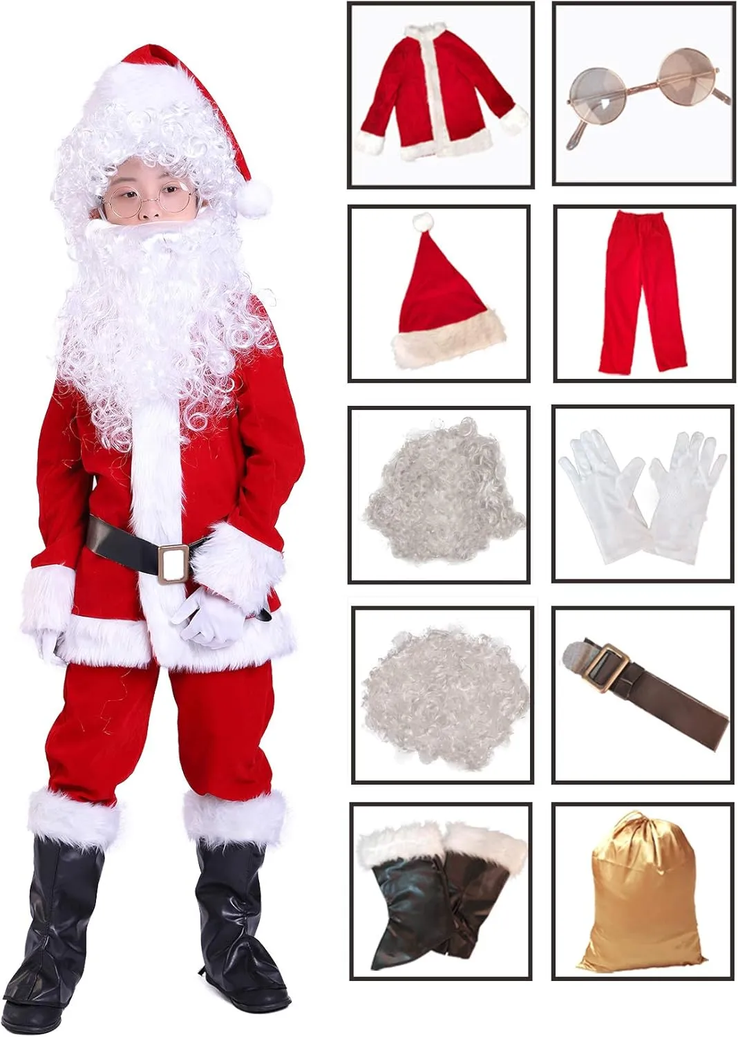 Children's Deluxe Santa Suit Christmas Costume，Kids Christmas Halloween Costume Cosplay Set of 10 Pcs