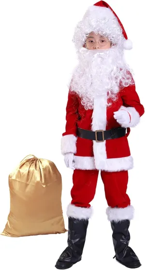 Children's Deluxe Santa Suit Christmas Costume，Kids Christmas Halloween Costume Cosplay Set of 10 Pcs