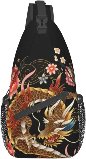 Chinese Japanese Dragon Sling Bag Sling Backpack Crossbody Chest Bag Daypack for Women Men Hiking Travel