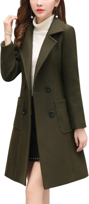 chouyatou Women Elegant Notched Collar Double Breasted Wool Blend Over Coat