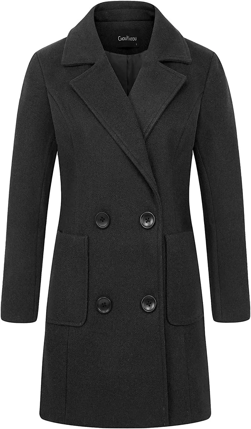 chouyatou Women Elegant Notched Collar Double Breasted Wool Blend Over Coat