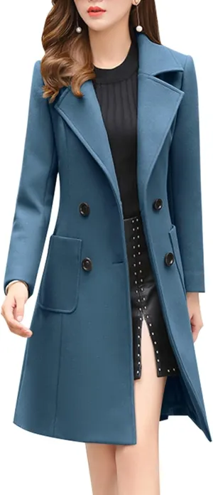 chouyatou Women Elegant Notched Collar Double Breasted Wool Blend Over Coat