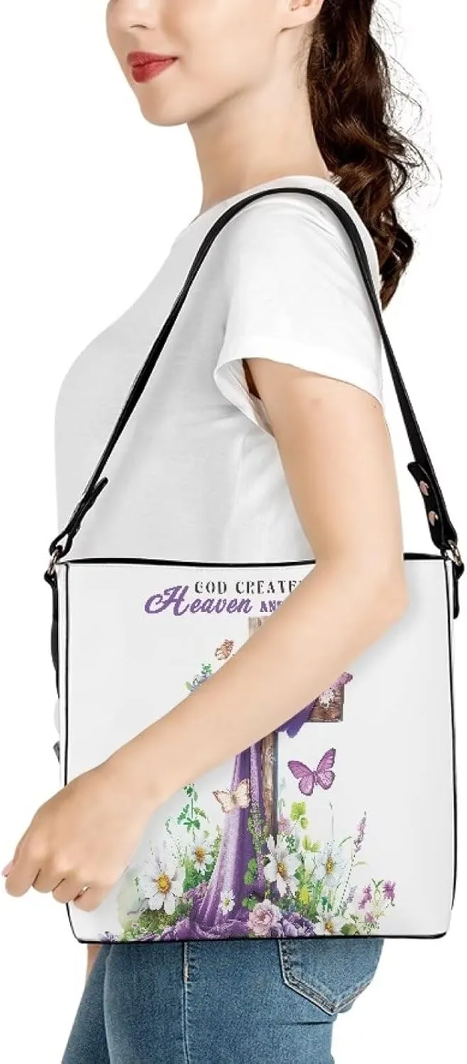 Christian Tote Bags for Women, God Quotes Leather Handbags Bucket Bags, PU Leather Bible Church Bag Satchel Hobo