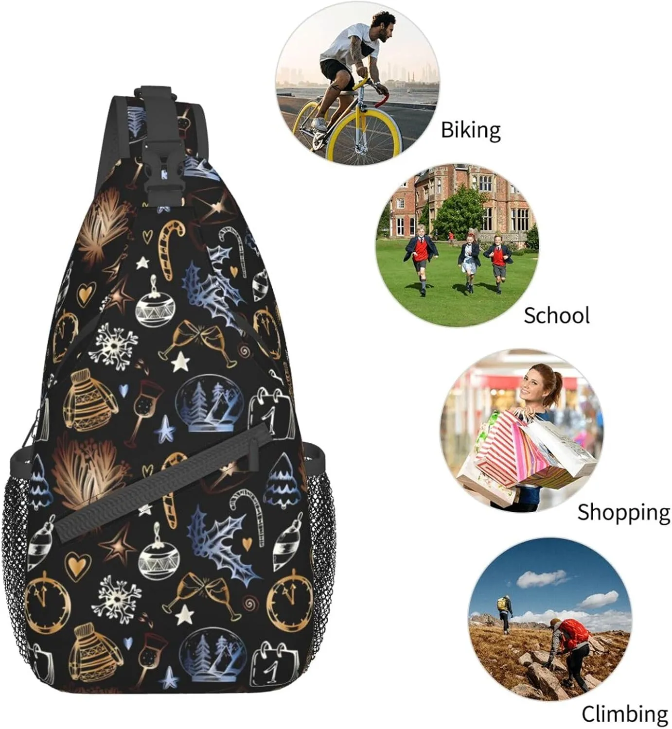 Christmas Print Sling Bag for Men Women Crossbody Sling Backpack Travel Hiking Daypack Shoulder Chest Bag with Adjustable Strap