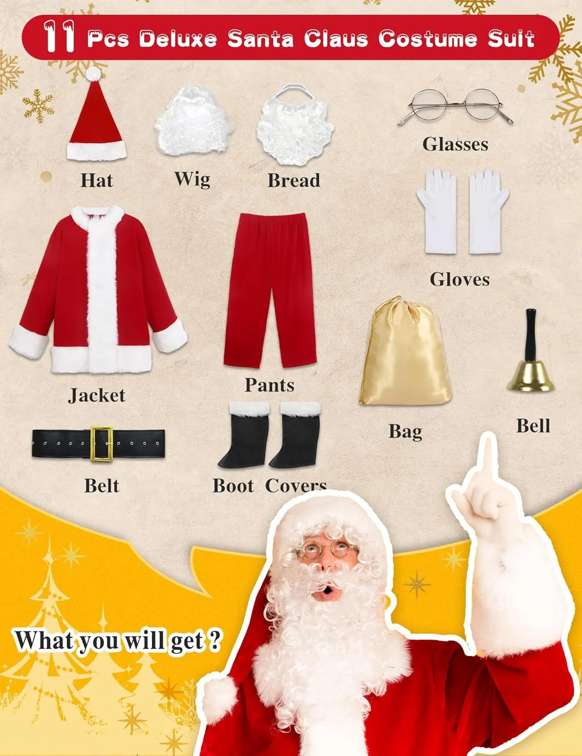 Christmas Santa Claus Costume for Men Adult 11 Pcs Deluxe Velvet Suit Outfit Xmas Santa Holiday Party Cosplay