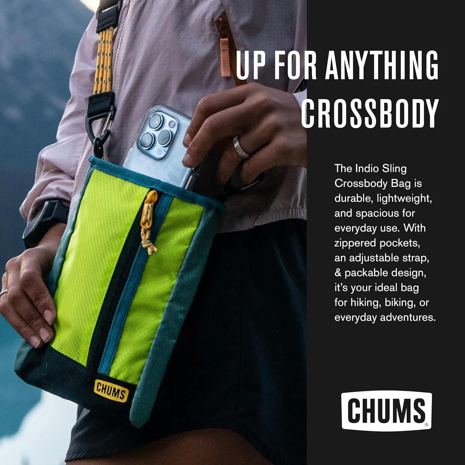 Chums Indio Sling Bag - Compact Nylon Crossbody Bag for Everyday Adventures - Purse w/Removable & Adjustable Straps - Travel Essential for Hiking, Camping, & More - Grey/Orange-Teal