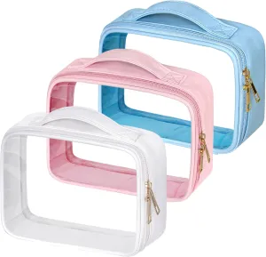Clear Cosmetic Bags 3pack Makeup Toiletry Bag with Handle Travel Essentials for Men and Woemn(Blue White Pink)