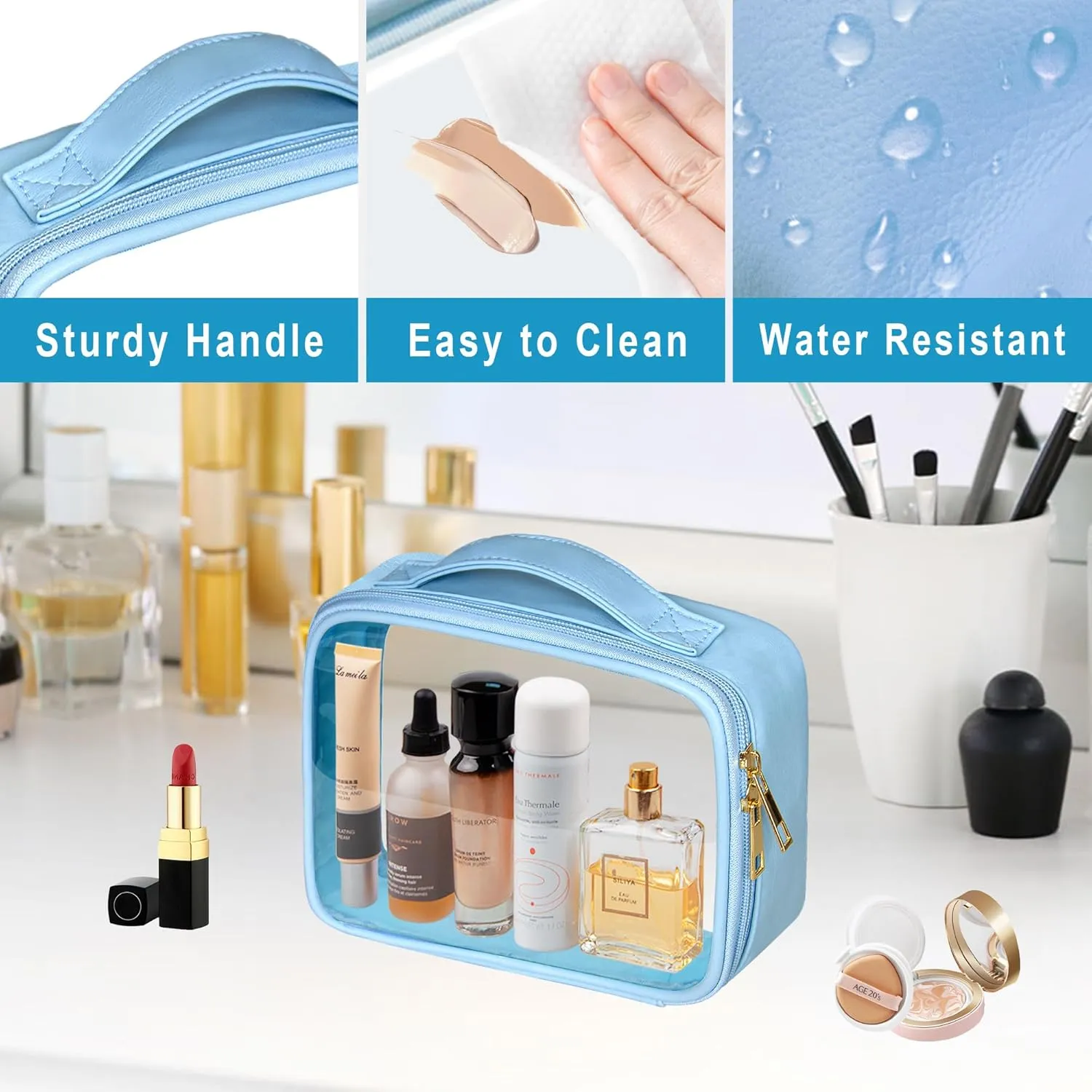 Clear Cosmetic Bags 3pack Makeup Toiletry Bag with Handle Travel Essentials for Men and Woemn(Blue White Pink)