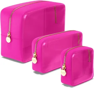 Clear Cosmetic Bags Set of 3, Mini Small Large Makeup Bags For Women Clear Pouch Cosmetics Cases Zipper Cute Pouches Make Up Travel Toiletry Essentials Preppy Purse Organizer Makeup Cases, Fuchsia