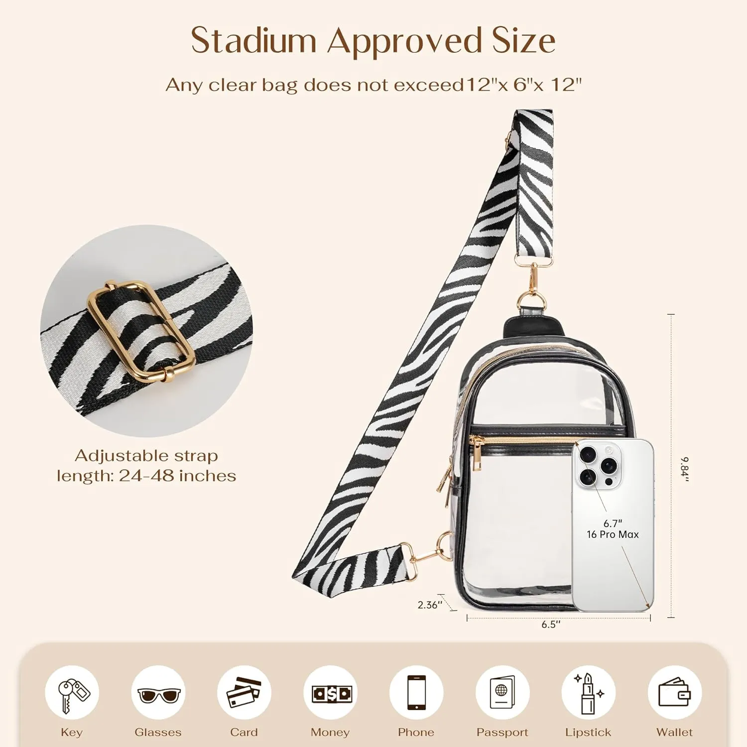 Clear Sling Bag for Stadium Events with 2 Long Straps - Multi-Pockets Crossbody Bags with Removable Strap - Concerts & Sports