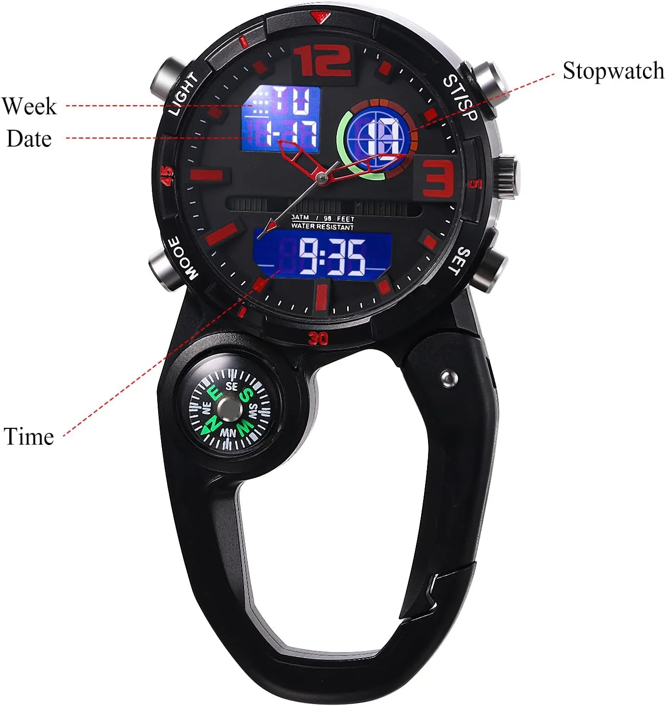 Clip on Multi-Function Digital Carabiner Watch Backpack Fob Watch for Men and Women with Alarm Clock Date Week for Nurses Doctors Chefs Climbers Home Office Outdoor Use