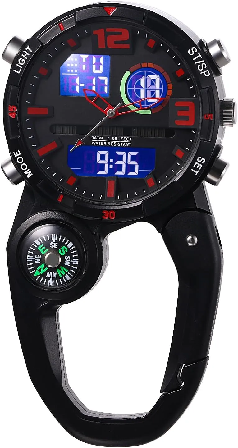 Clip on Multi-Function Digital Carabiner Watch Backpack Fob Watch for Men and Women with Alarm Clock Date Week for Nurses Doctors Chefs Climbers Home Office Outdoor Use