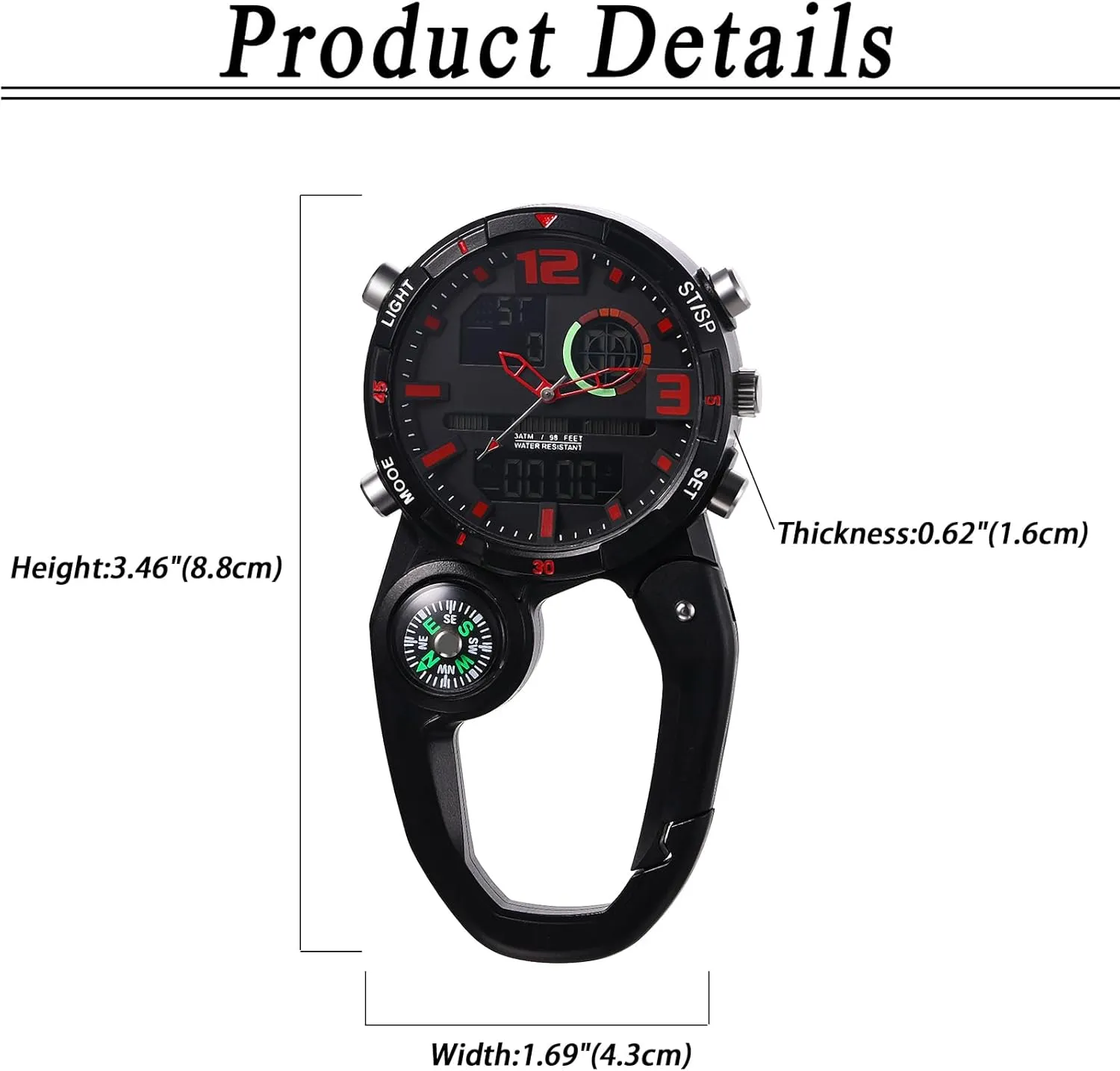 Clip on Multi-Function Digital Carabiner Watch Backpack Fob Watch for Men and Women with Alarm Clock Date Week for Nurses Doctors Chefs Climbers Home Office Outdoor Use