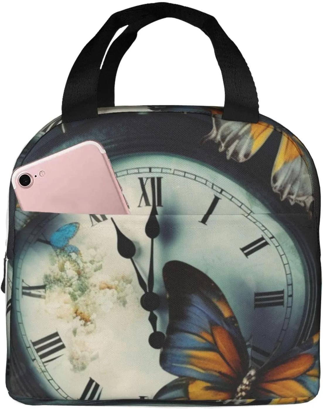 Clock Butterfly Lunch Bag for Women Men Reusable Lunch Tote Bags Insulated Lunch Box Leakproof Meal Bag Large Capacity Cooler Food Containers for Work Travel Outdoor