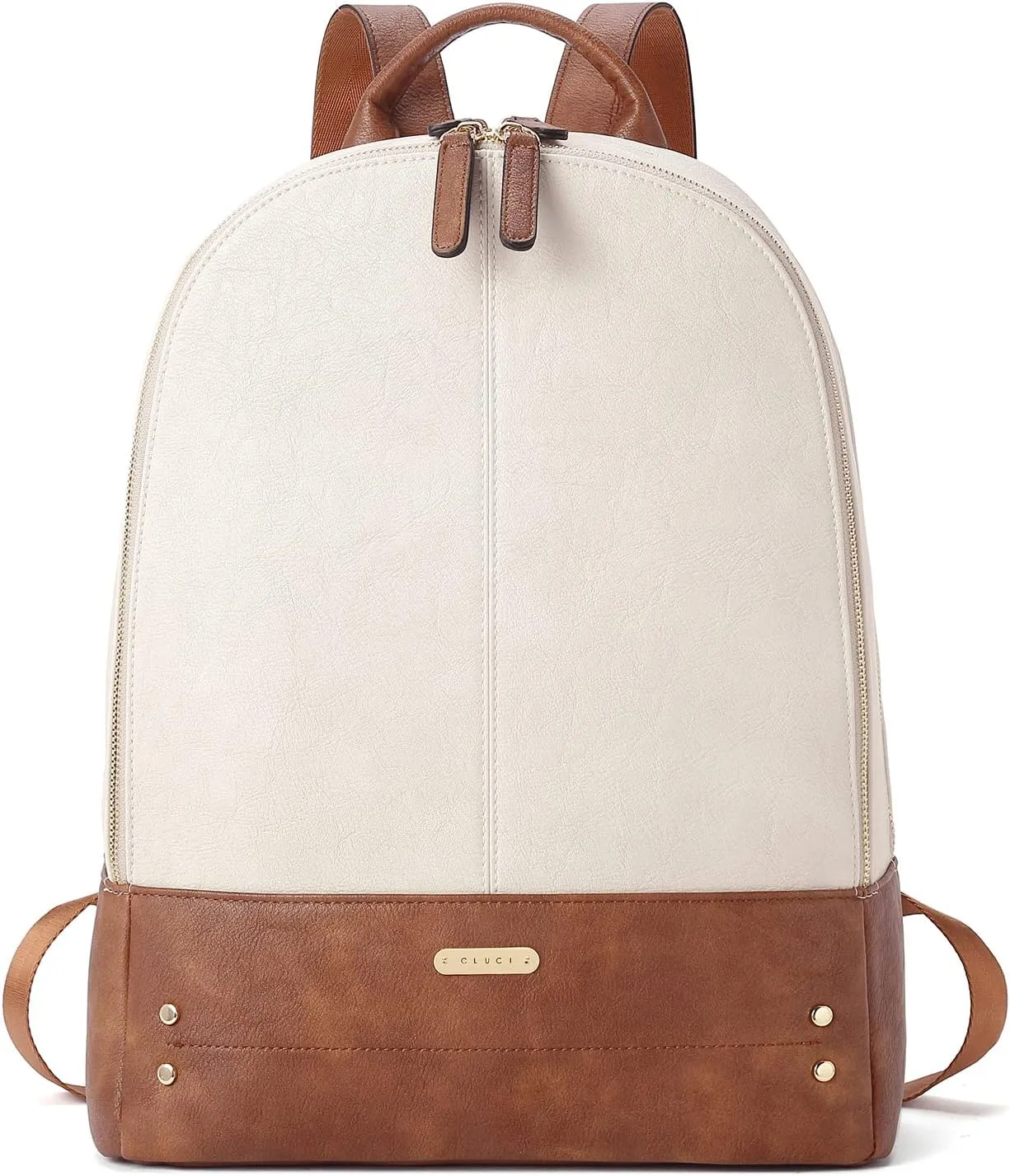CLUCI Laptop Backpack for Women Leather 15.6 inch Computer Backpack Travel Vintage Large Bag Beige With Brown 2