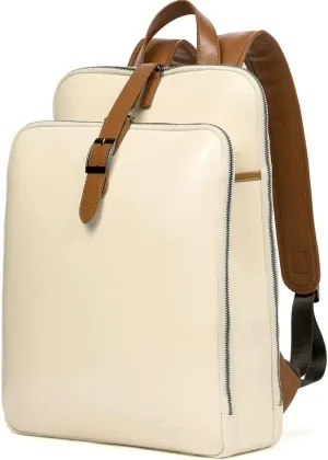 CLUCI Leather Laptop Backpack Purse for Women 15.6 Inch Travel Computer Backpack Business Bag College Daypack Beige With Brown