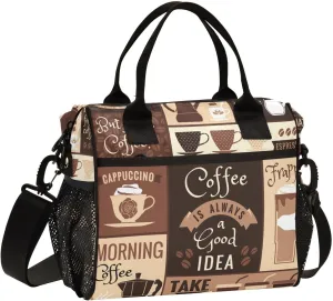 Coffee Cafe Brown Lunch Bag Insulated Lunch Box for Women Men Cooler Bag Leakproof Reusable Lunch Tote Bag with Shoulder Strap Work Picnic