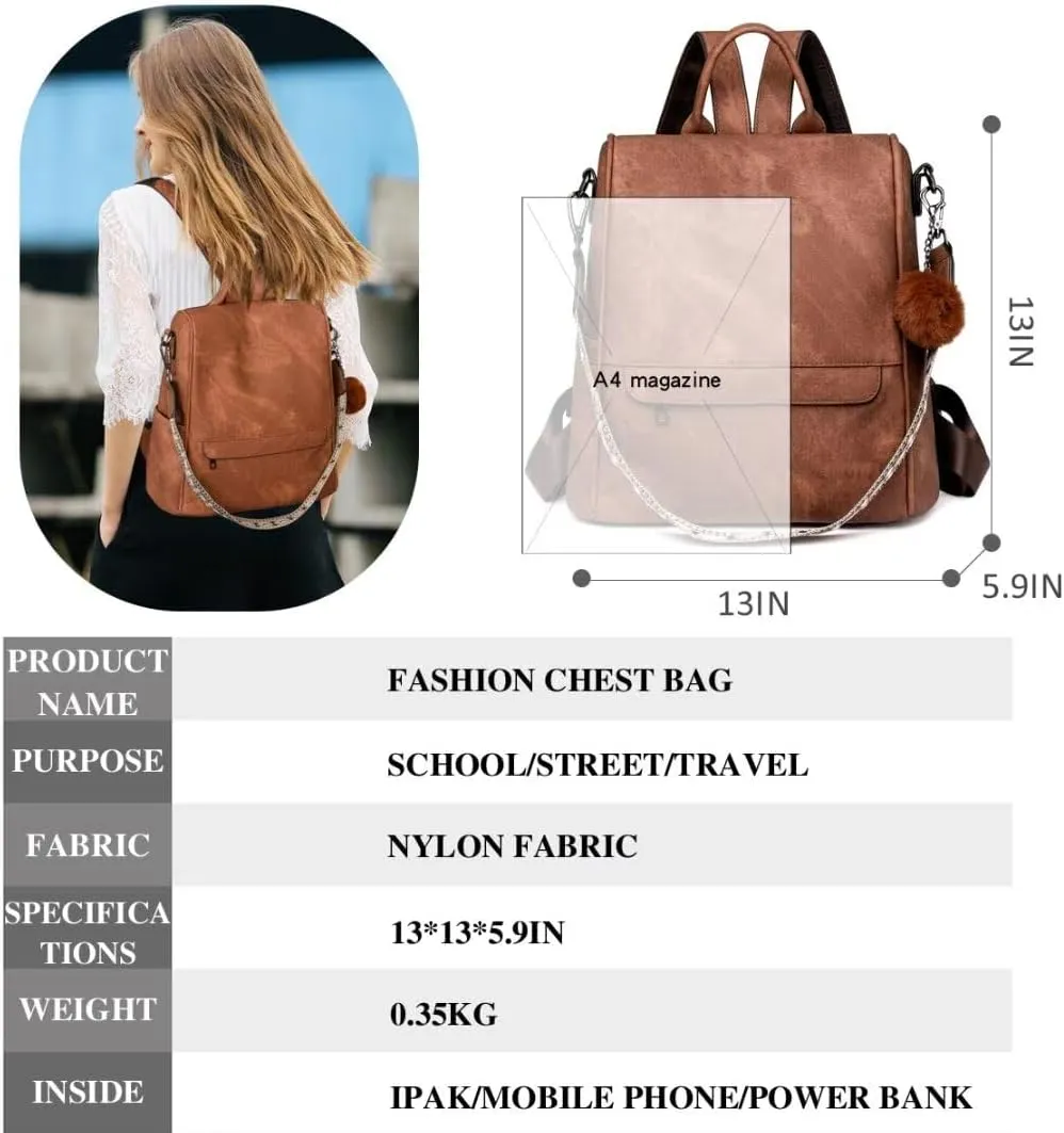 COFIHOME Backpack Purse for Women Ladies Backpack Vegan PU Leather Fashion Anti-theft Rucksack Waterproof Classic Print Daypack Shoulder Handbag Bag Security Casual Travel Hiking Knapsacks, Brown