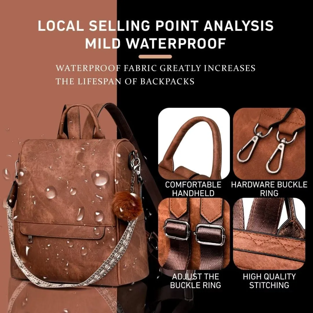 COFIHOME Backpack Purse for Women Ladies Backpack Vegan PU Leather Fashion Anti-theft Rucksack Waterproof Classic Print Daypack Shoulder Handbag Bag Security Casual Travel Hiking Knapsacks, Brown