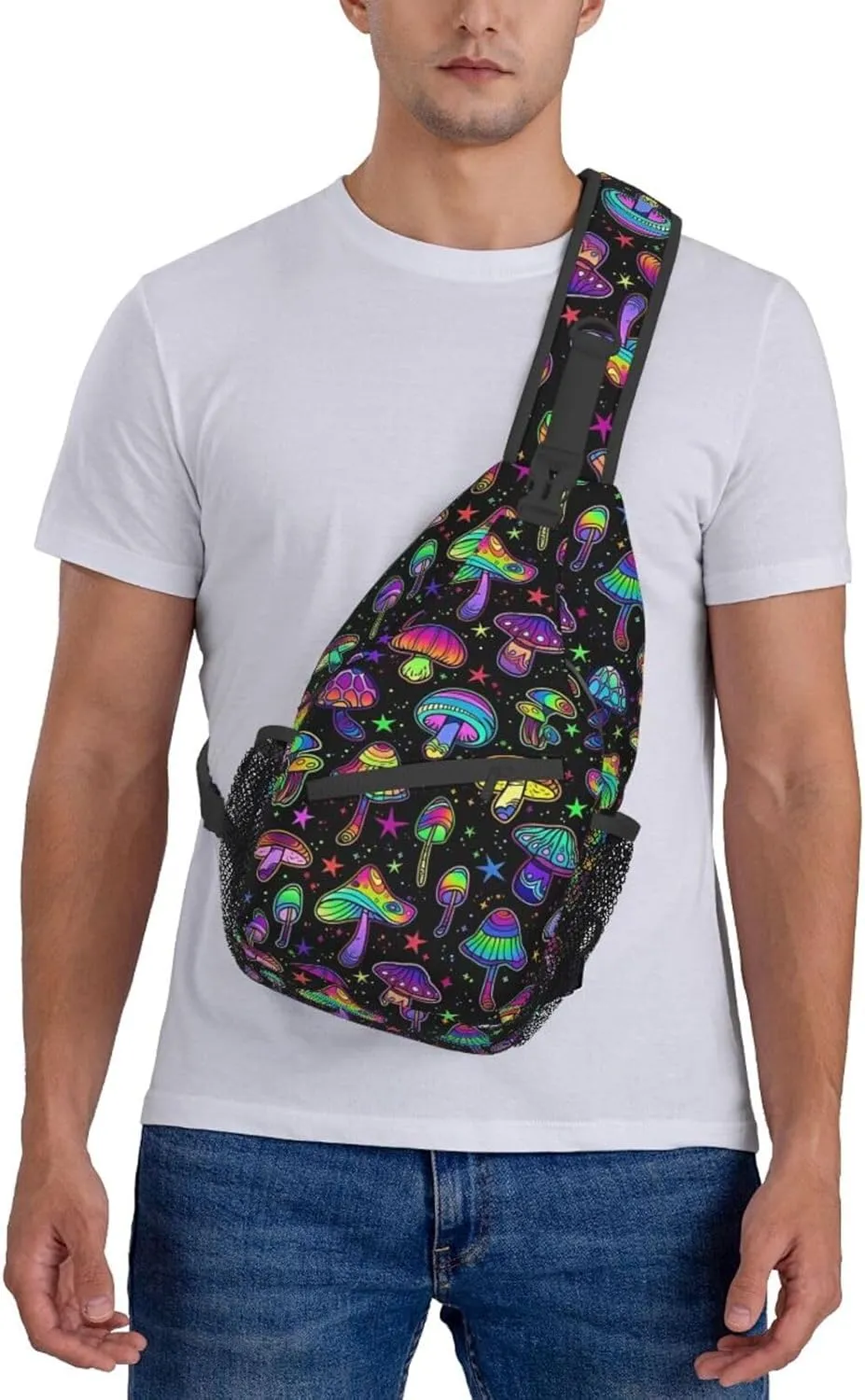 Colored Psychedelic Mushrooms Sling Bag for Men Women Crossbody Backpack Cycling Hiking Daypack Chest Shoulder Bag with Adjustable Strap