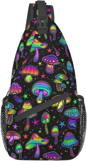 Colored Psychedelic Mushrooms Sling Bag for Men Women Crossbody Backpack Cycling Hiking Daypack Chest Shoulder Bag with Adjustable Strap