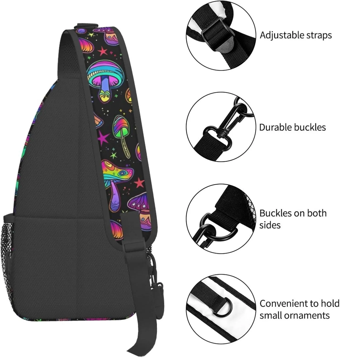 Colored Psychedelic Mushrooms Sling Bag for Men Women Crossbody Backpack Cycling Hiking Daypack Chest Shoulder Bag with Adjustable Strap