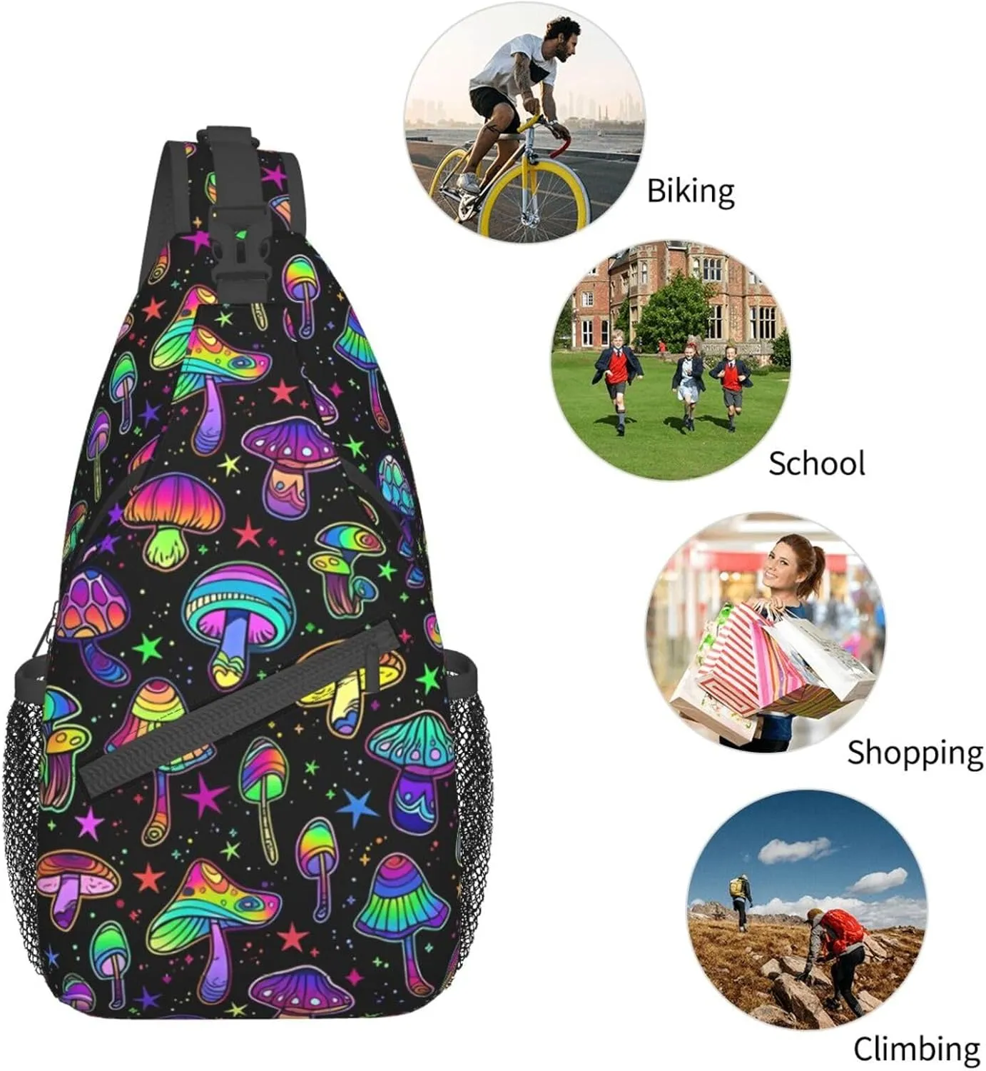 Colored Psychedelic Mushrooms Sling Bag for Men Women Crossbody Backpack Cycling Hiking Daypack Chest Shoulder Bag with Adjustable Strap