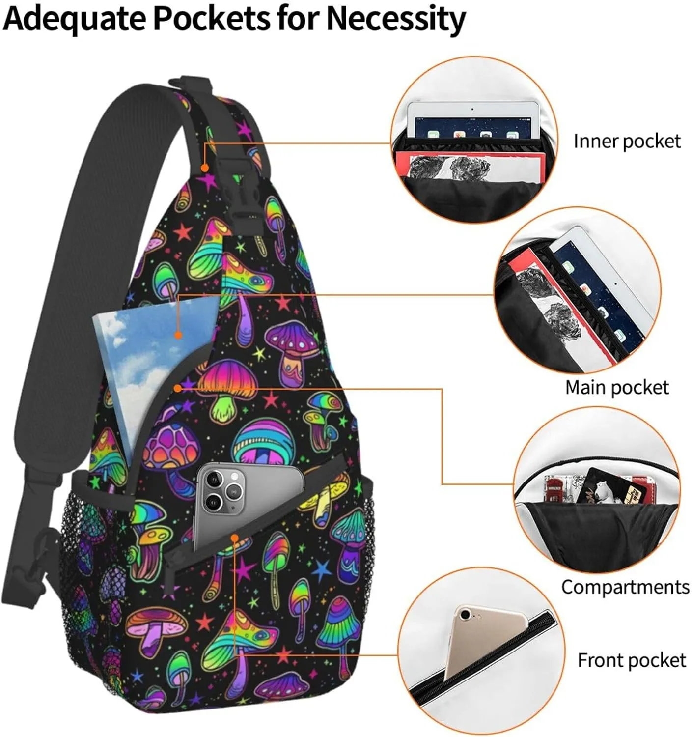 Colored Psychedelic Mushrooms Sling Bag for Men Women Crossbody Backpack Cycling Hiking Daypack Chest Shoulder Bag with Adjustable Strap