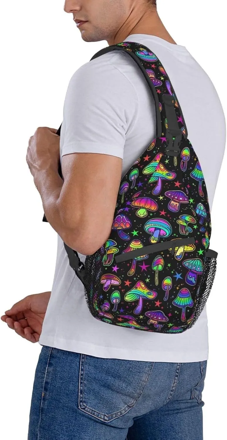Colored Psychedelic Mushrooms Sling Bag for Men Women Crossbody Backpack Cycling Hiking Daypack Chest Shoulder Bag with Adjustable Strap