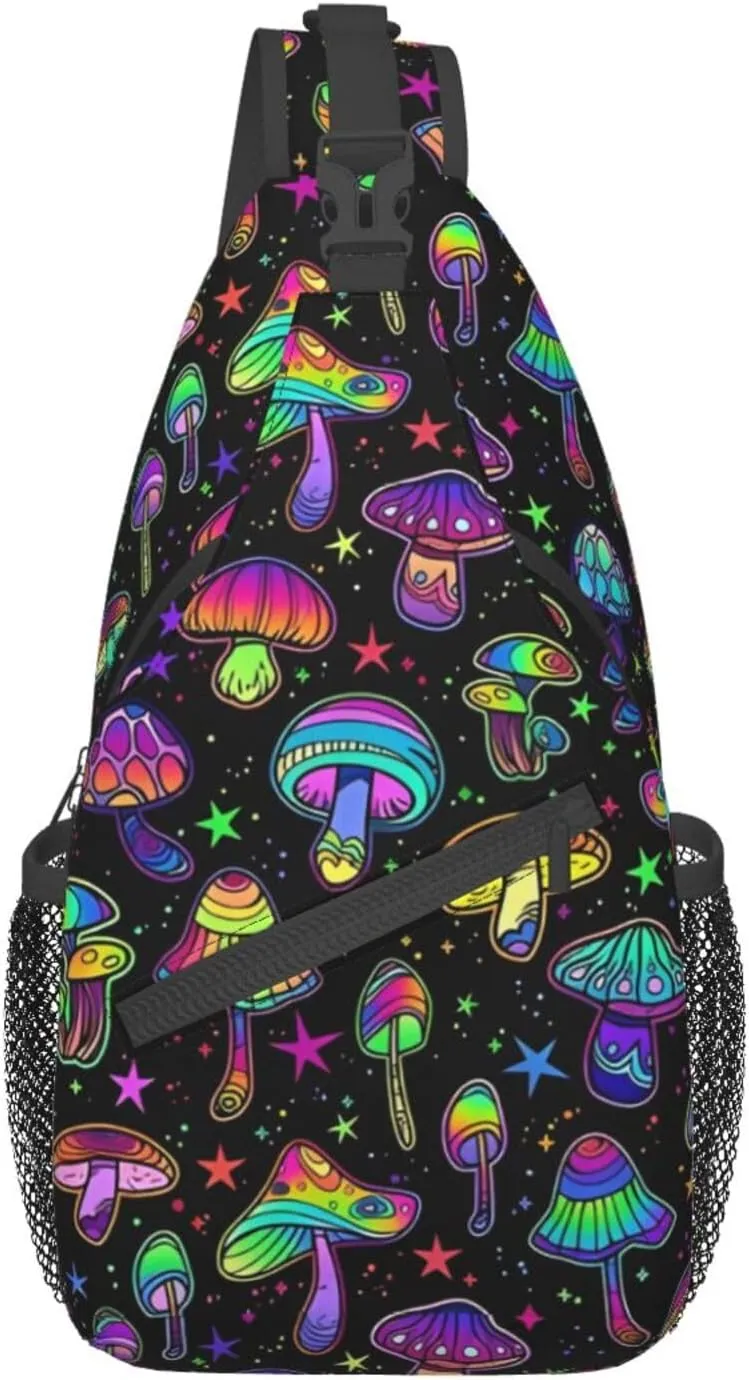 Colored Psychedelic Mushrooms Sling Bag for Men Women Crossbody Backpack Cycling Hiking Daypack Chest Shoulder Bag with Adjustable Strap
