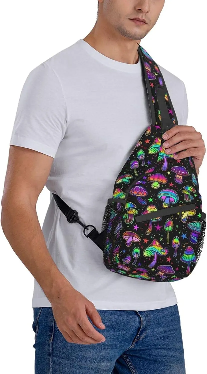 Colored Psychedelic Mushrooms Sling Bag for Men Women Crossbody Backpack Cycling Hiking Daypack Chest Shoulder Bag with Adjustable Strap