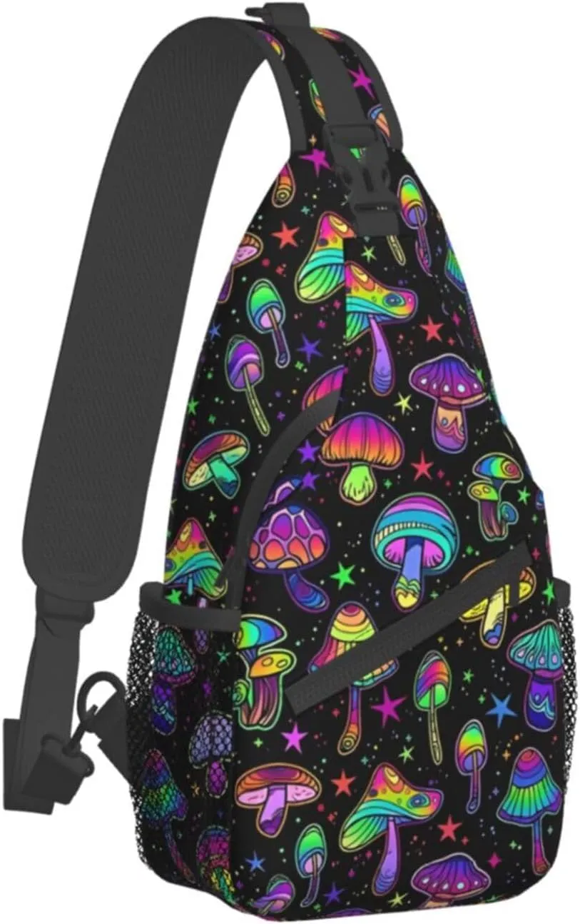 Colored Psychedelic Mushrooms Sling Bag for Men Women Crossbody Backpack Cycling Hiking Daypack Chest Shoulder Bag with Adjustable Strap