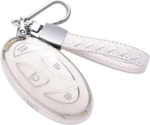 Compatible with Hyundai Key Fob Cover with Leather Lanyard, Car Key Case Shell Protection for Hyundai Ioniq 6 Grandeur GN7 KONA Smart Remote Control,White