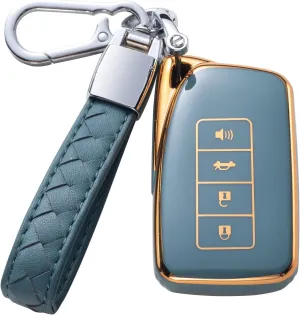 Compatible with Lexus Key Fob Cover with Leather Lanyard, Car Key Case Shell Protection for Lexus RX is ES GS LS NX RS GX LX RC LC Smart Remote Control, Blue