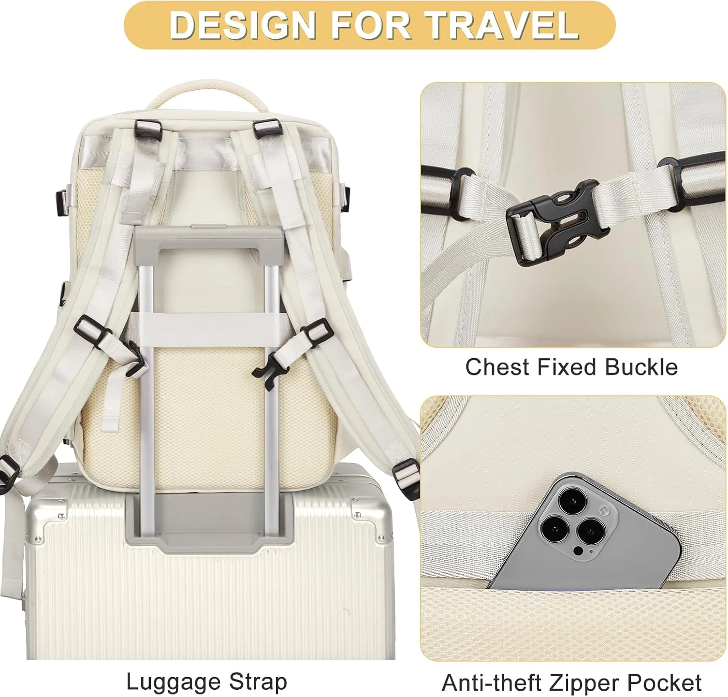 coofay Beige Travel Backpack For Women Men Airline Approved Personal Item Carry On Flight Approved Waterproof Backpack For Traveling On Airplane Weekender Travel Bag